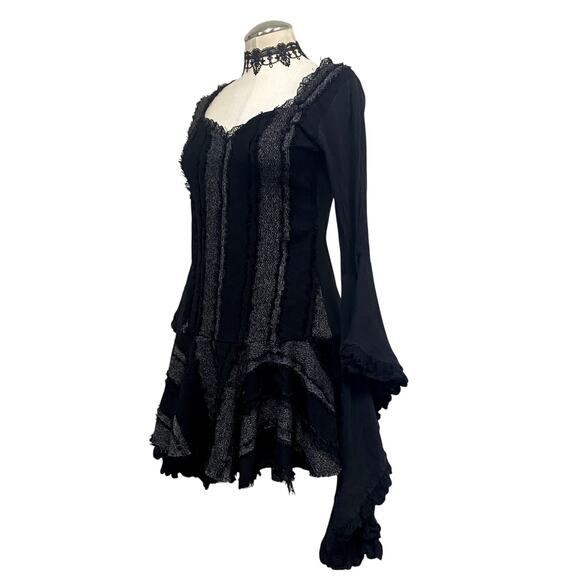 Asymmetrical Striped Layered Flare Dramatic Sleeve Whimsigoth Vamp Gothic Dress - Picture 3 of 12